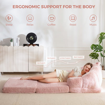 MAXYOYO Folding Sofa Bed, 2 in 1 Convertible Sofa to Lounger Comfy Single Bean Bag Chair for Adults, Floor Sleeper Couch with Handle, Faux Fur Couch Bed for Living Room Bedroom, Pink