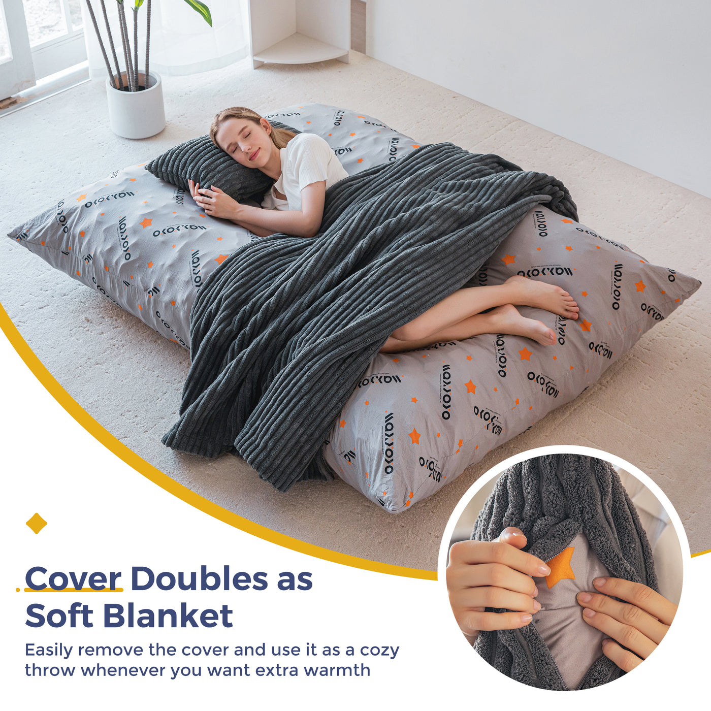 MAXYOYO Giant Bean Bag Chair with Pillow, 3 in 1 Convertible Bean Bag Bed for Adults with Washable Cover, Removable Floor Cushion Stuffed Floor Lounger for Living Room Bedroom, Dark Grey