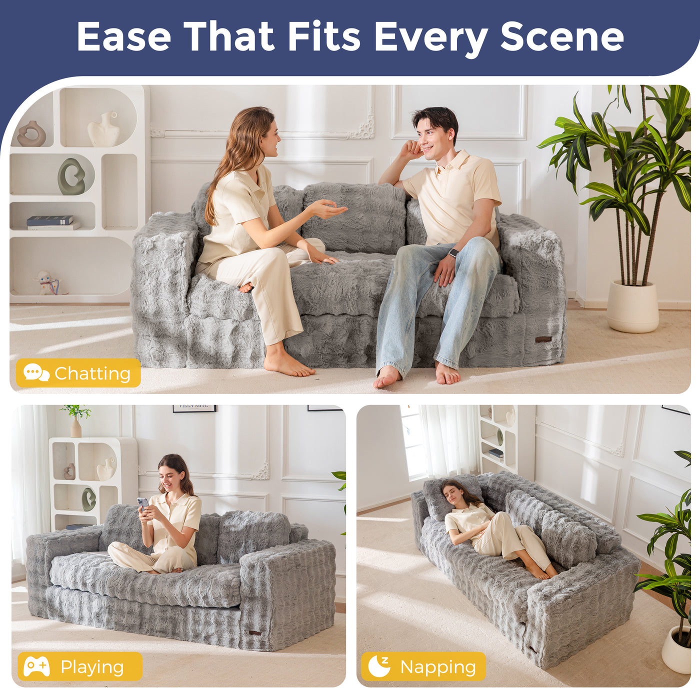 MAXYOYO 3 Seater Sofa for Living Room, Tufted Boneless Couch Bubbled Sofa Couch, Comfy Bean Bag Chair for Bedroom Apartment, No Assembly Needed