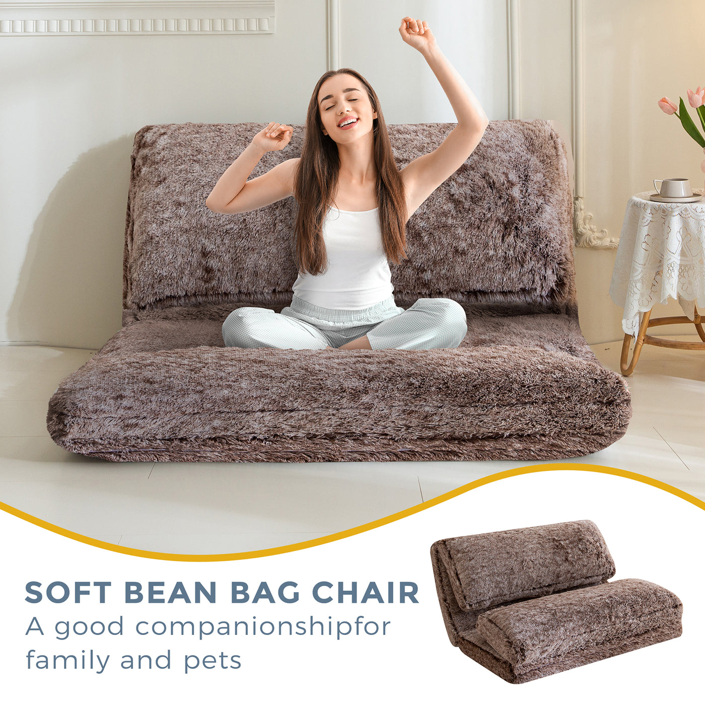 MAXYOYO Bean Bag Folding Floor Sofa Bed, Faux Fur Foam Filling Wall Couch Sleeper Chairs, Coffee