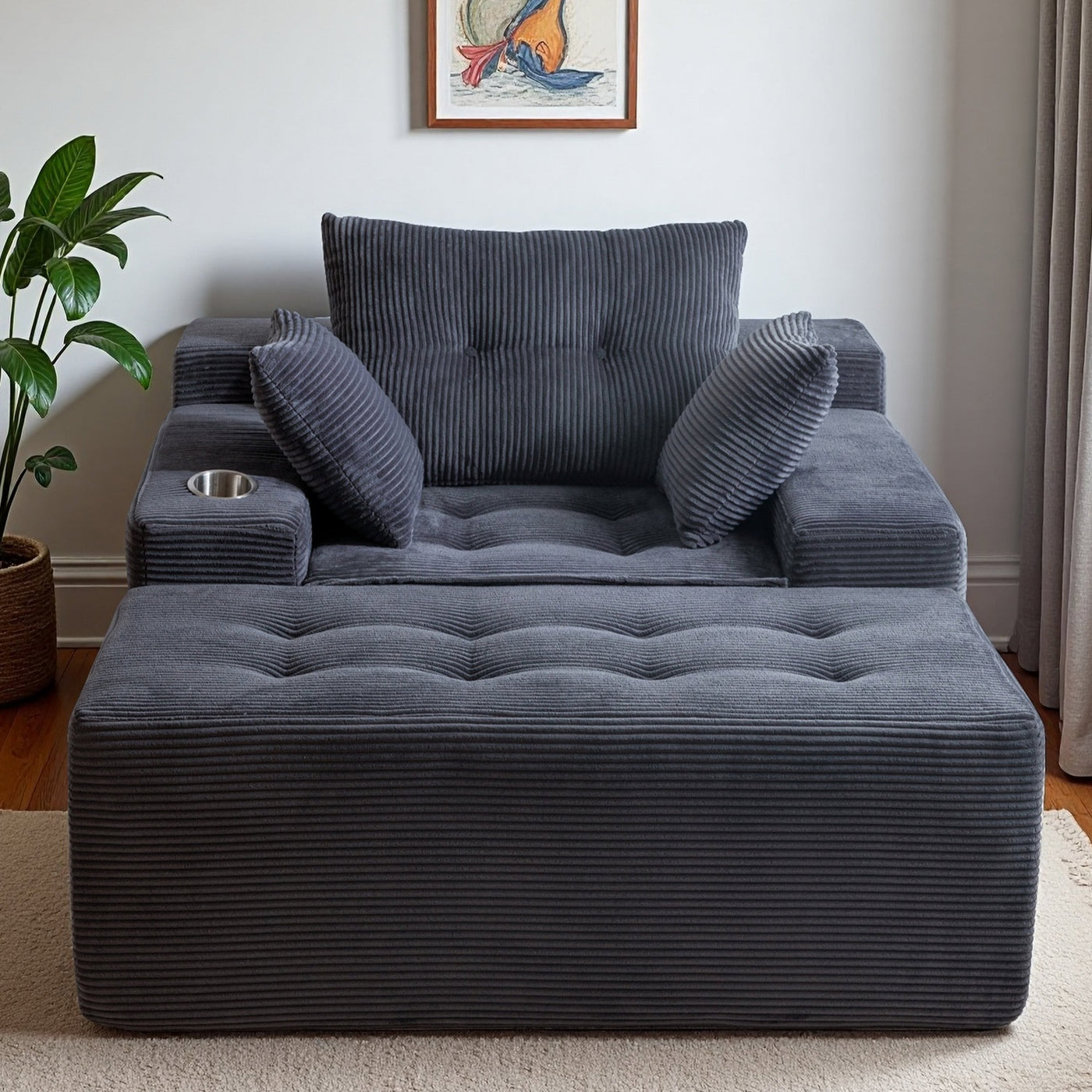 MAXYOYO Oversized Chaise Lounge Sofa with Ottoman – Deep Seat Tufted Floor Couch, No-Assembly, Grey