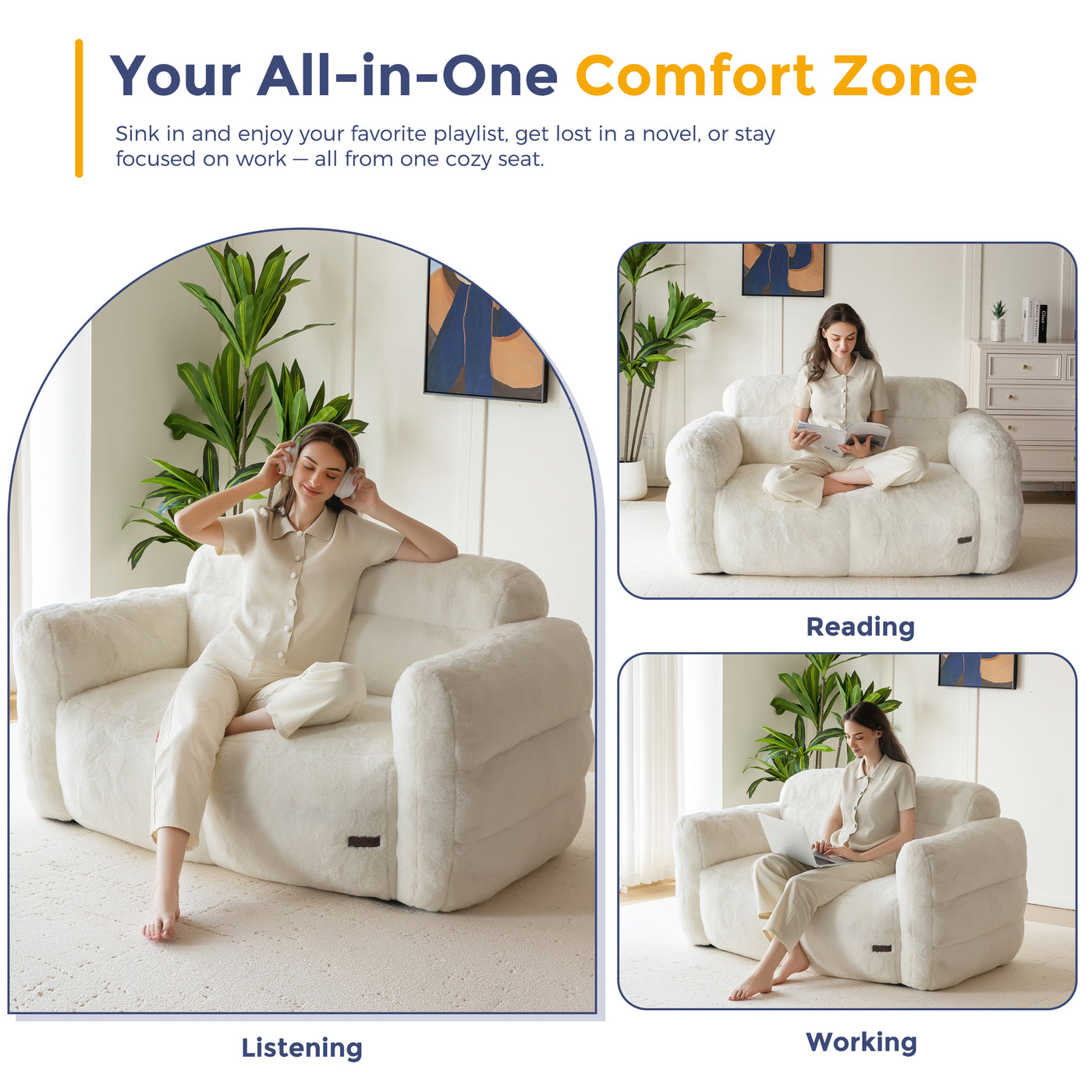 MAXYOYO Giant Bean Bag Chair for Adults, Ultra Soft Fluffy Bean Bag Sofa, Oversized Floor Sofa for Living Room Bedroom, Cozy Reading Chair with Filler, Beige