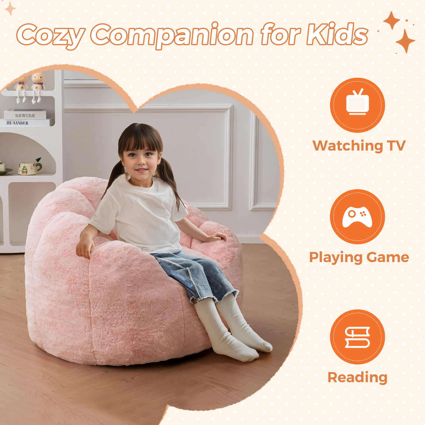 MAXYOYO Kids Bean Bag Chair, Floral Shaped Bean Bag Sofa, Plush Faux Fur Toddler Couch with Petal Backrest for Boys Girls, Stuffed Cozy Sofa for Nursery, Bedroom, Pink