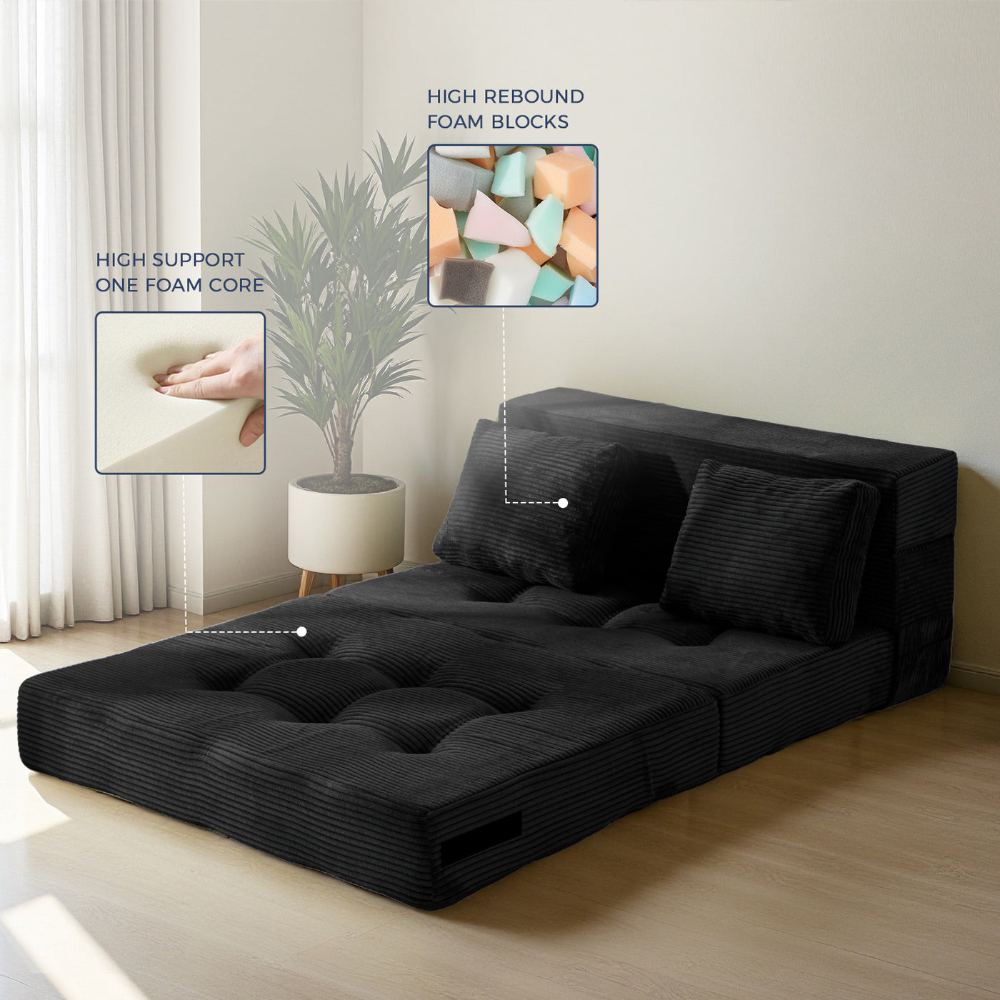 MAXYOYO 4-in-1 Convertible Sofa Bed Chair – Tufted Folding Floor Couch with Pillow, Black