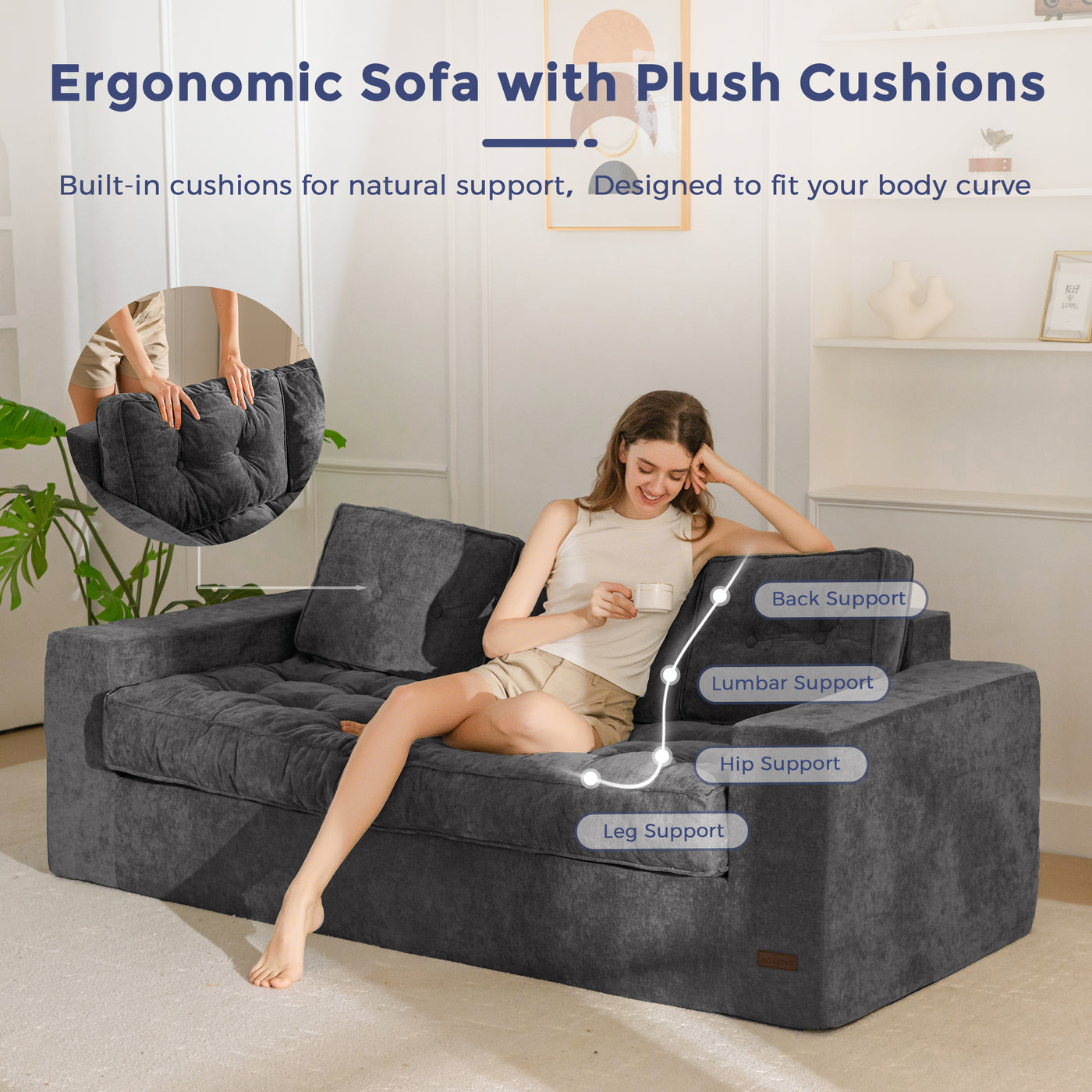 MAXYOYO Boneless Sofa Couch, Loveseat Sofa for Small Space, Tufted 3-Seater Floor Couch Bean Bag Chair for Living Room Bedroom Apartment, Sofa in a Box, No Assembly Needed