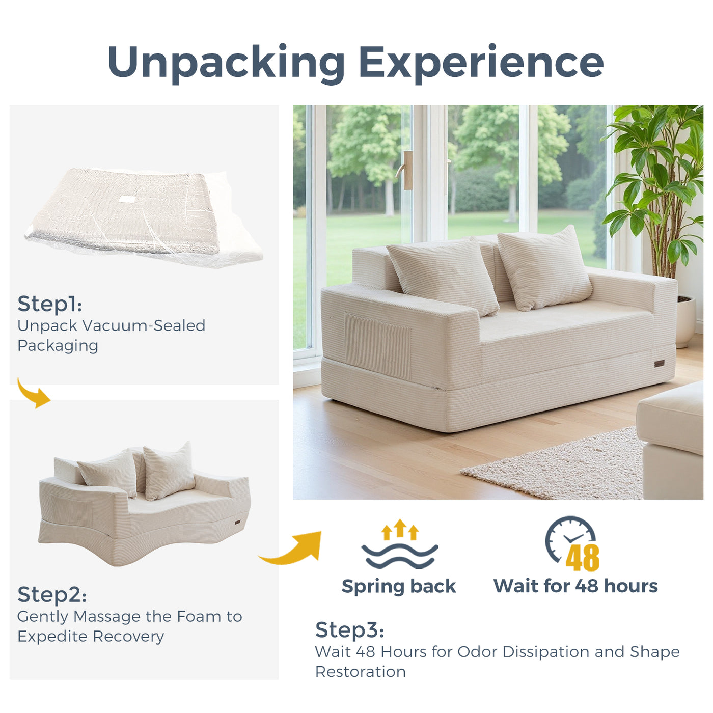 MAXYOYO Convertible Loveseat Sofa Bed – Corded Foldable Floor Recliner with Cup Holders, Beige