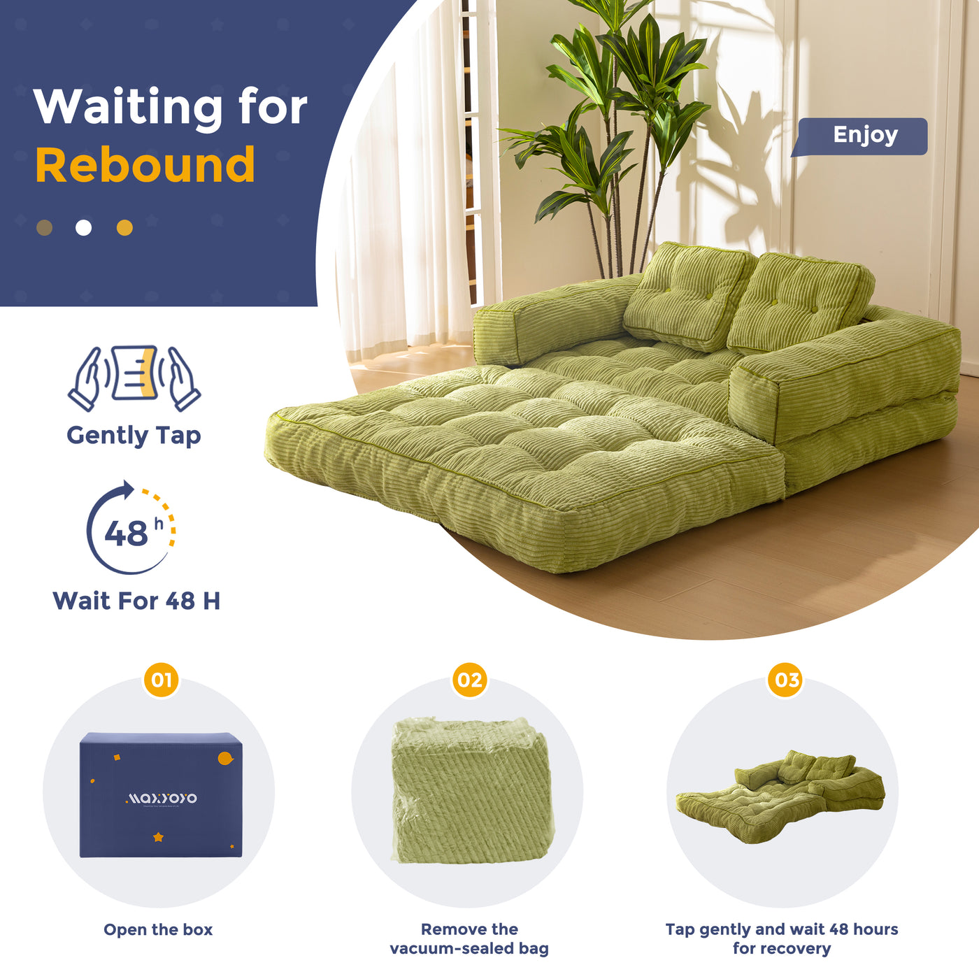 MAXYOYO Folding Sofa Bed, L-Shaped Convertible Sofa Bed with Armrest Foldable Sleeper Couch with Pillow, Portable Fold Out Chair Comfy Floor Couch Lounge for Living Room Bedroom, Green, Double