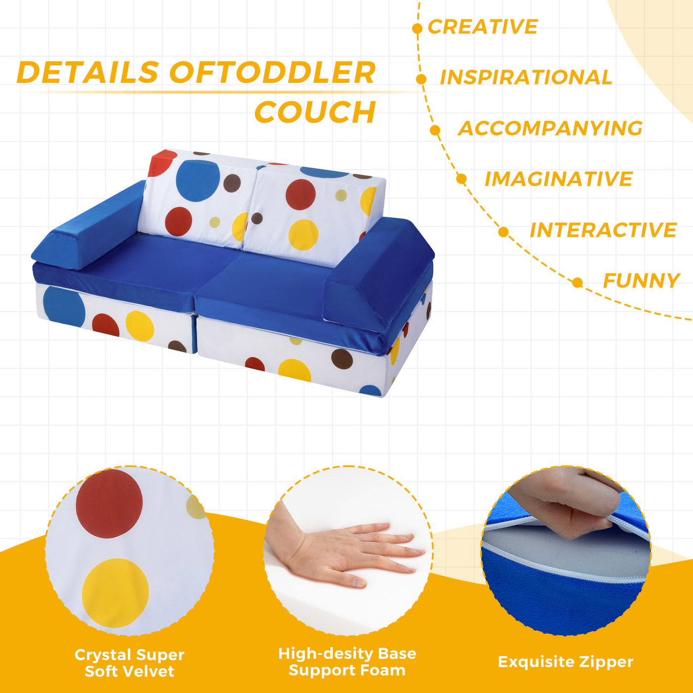 MAXYOYO 10-Piece Modular Convertible Kids Play Couch Sofa Set with Removable Velvet Covers (Multi)
