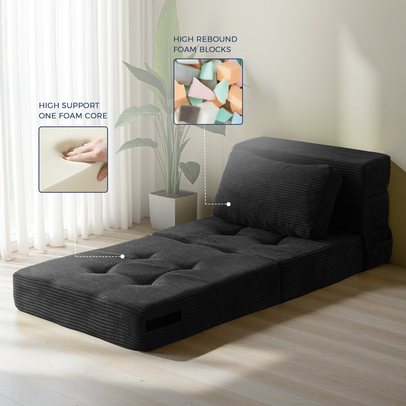 MAXYOYO 4-in-1 Convertible Sofa Bed Chair – Tufted Folding Floor Couch with Pillow, Black