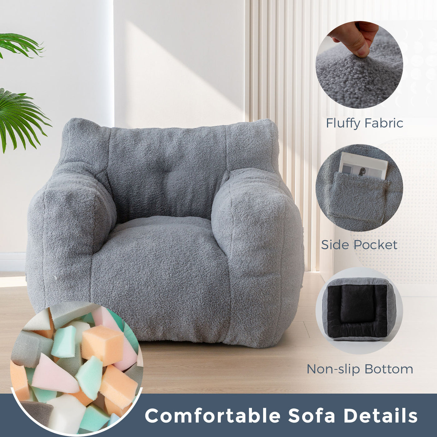 MAXYOYO Bean Bag Chair, Sherpa Bean Bag Couch, Living Room Lazy Bean Bag Sofa for Adults Kids, Grey