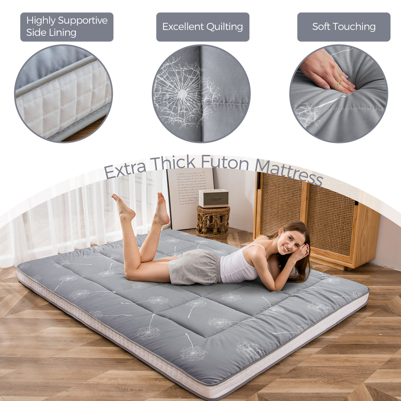 MAXYOYO Futon Mattress Japanese Floor Mattress, Grey Dandelion Pattern Futon Mattress