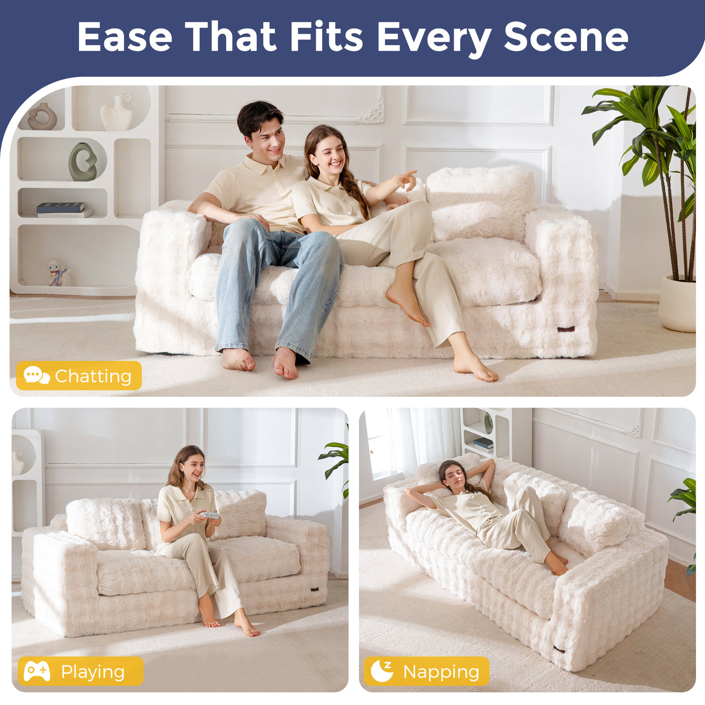 MAXYOYO 3 Seater Sofa for Living Room, Tufted Boneless Couch Bubbled Sofa Couch, Comfy Bean Bag Chair for Bedroom Apartment, No Assembly Needed