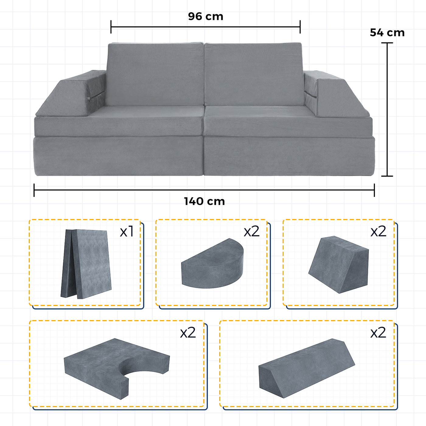MAXYOYO 10-Piece Modular Convertible Kids Play Couch Sofa Set with Removable Velvet Covers (Grey)