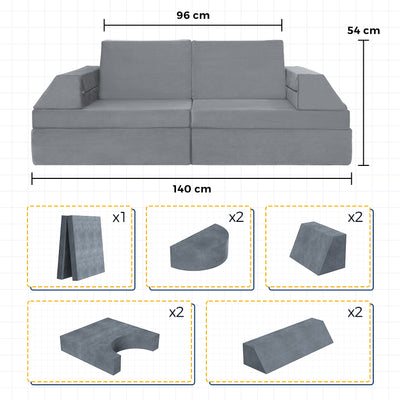 MAXYOYO 10-Piece Modular Convertible Kids Play Couch Sofa Set with Removable Velvet Covers (Grey)