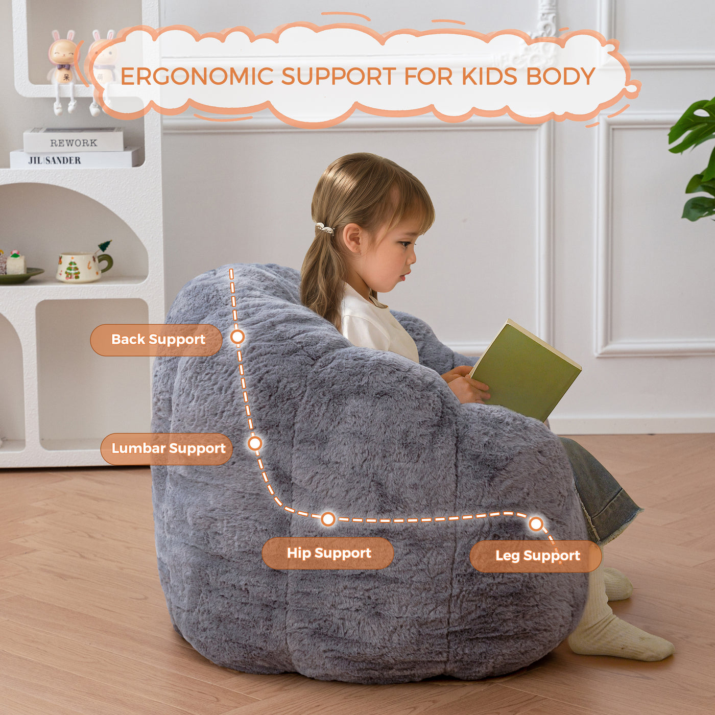 MAXYOYO Kids Bean Bag Chair, Floral Shaped Bean Bag Sofa, Plush Faux Fur Toddler Couch with Petal Backrest for Boys Girls, Stuffed Cozy Sofa for Nursery, Bedroom, Grey