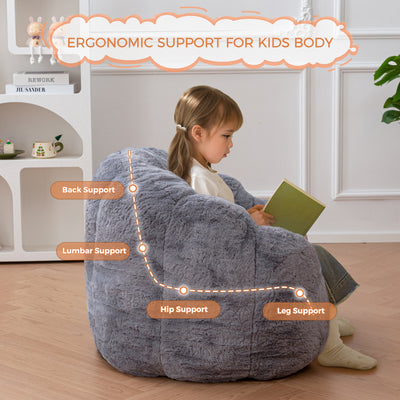 MAXYOYO Kids Bean Bag Chair, Floral Shaped Bean Bag Sofa, Plush Faux Fur Toddler Couch with Petal Backrest for Boys Girls, Stuffed Cozy Sofa for Nursery, Bedroom, Grey