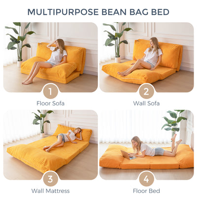 MAXYOYO Bean Bag Folding Sofa Bed with Corduroy Washable Cover, Extra Thick and Long Floor Sofa for Adults, Orange