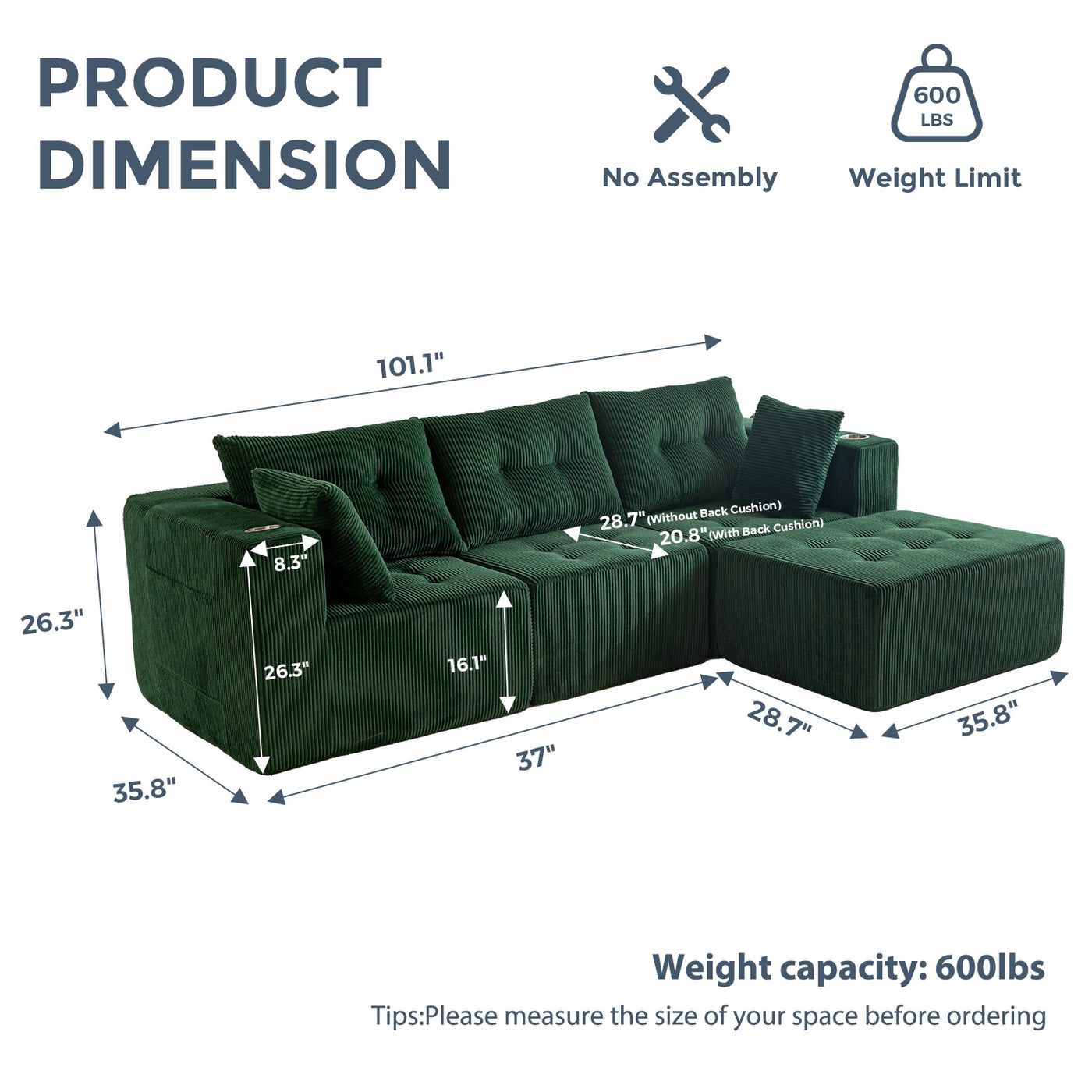 L Shaped Modular Sofa #color_green