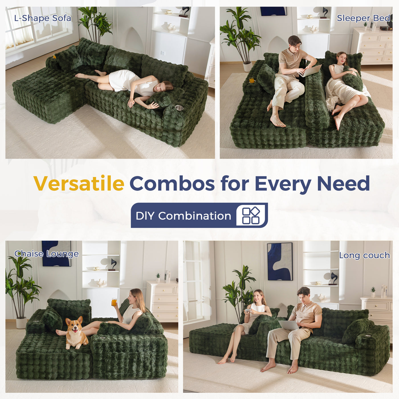 MAXYOYO 104" Modular Sectional Couch with L-Shape Chaise, Modern Boneless Couch for Living Room, Sofa in A Box, Oversized Sofa Sleeper with Deep Seat, No Assembly Required, Green