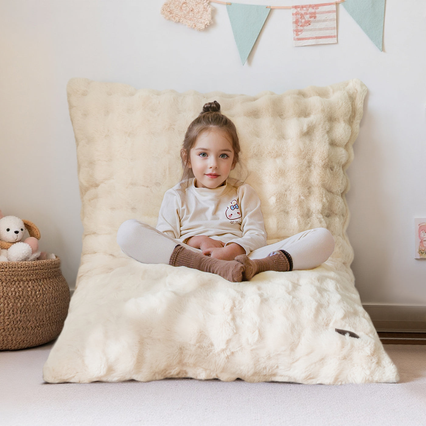 MAXYOYO 3 in 1 Kids Bean Bag Chair Bed, Child Floor Sofa for Gaming, Reading, Faux Fur Floor Mattress with High-Density Foam Filling for Living Room Bedroom
