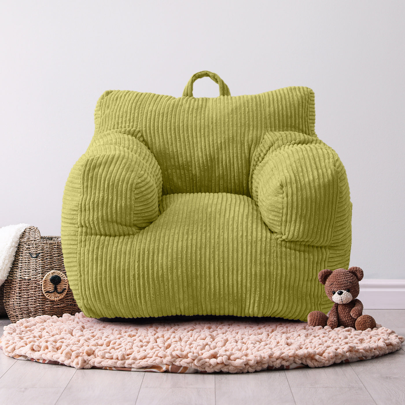 MAXYOYO Kids Bean Bag Chair, Corduroy Bean Bag Couch with Armrests for Children's Room (Green)