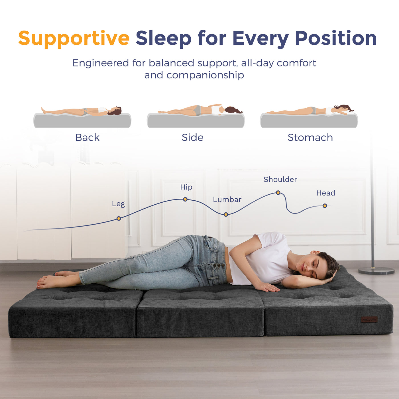 MAXYOYO Tri-Fold Mattress, 6 Inch Tufted Folding Mattress with Chenille Fabric, Portable Queen Size Floor Guest Mat for Adults, Foldable Topper for Camping