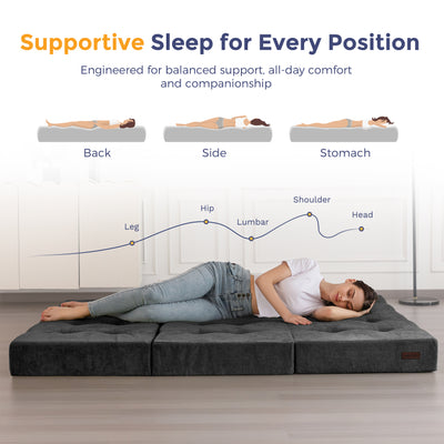 MAXYOYO Tri-Fold Mattress, 6 Inch Tufted Folding Mattress with Chenille Fabric, Portable Queen Size Floor Guest Mat for Adults, Foldable Topper for Camping