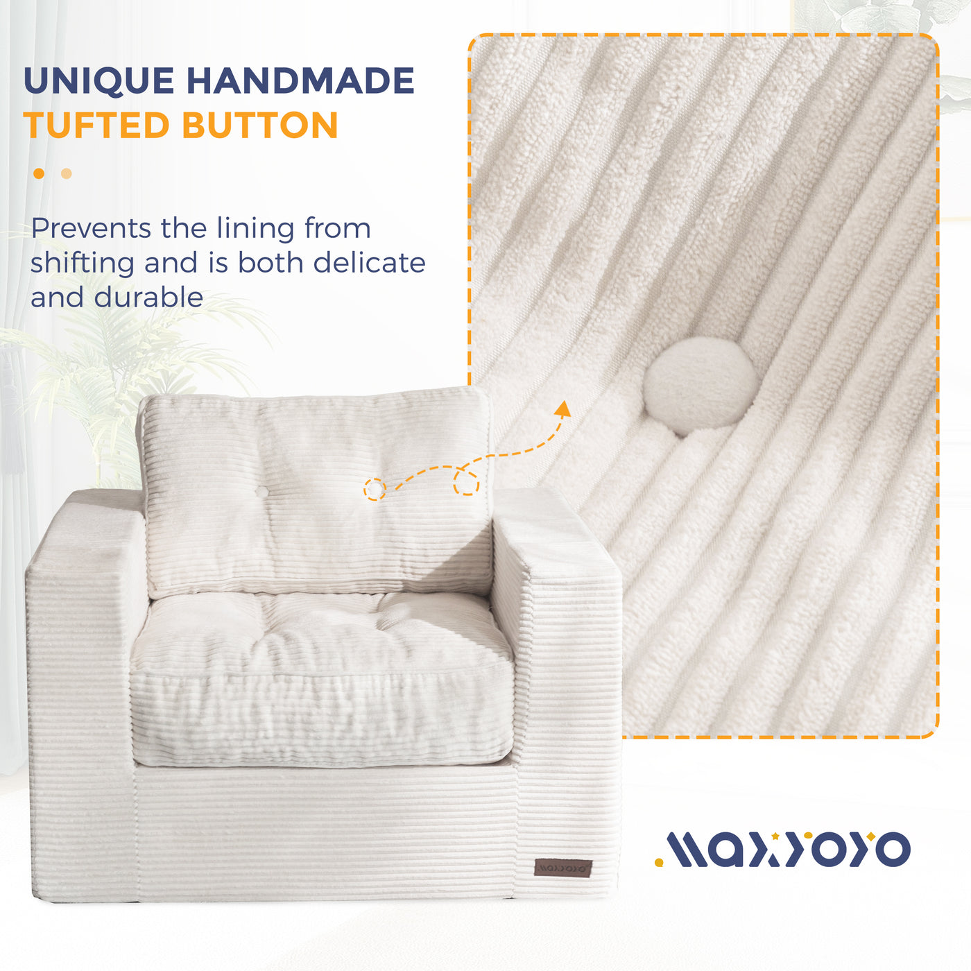 MAXYOYO Bean Bag Chair for Adults, Upholstered Floor Sofa with Armrests, Boneless Couch with Tufted Cushion & Backrest, Sofa in A Box, Large Bean Bag Couch for Bedroom Living Room, Dorm, Beige