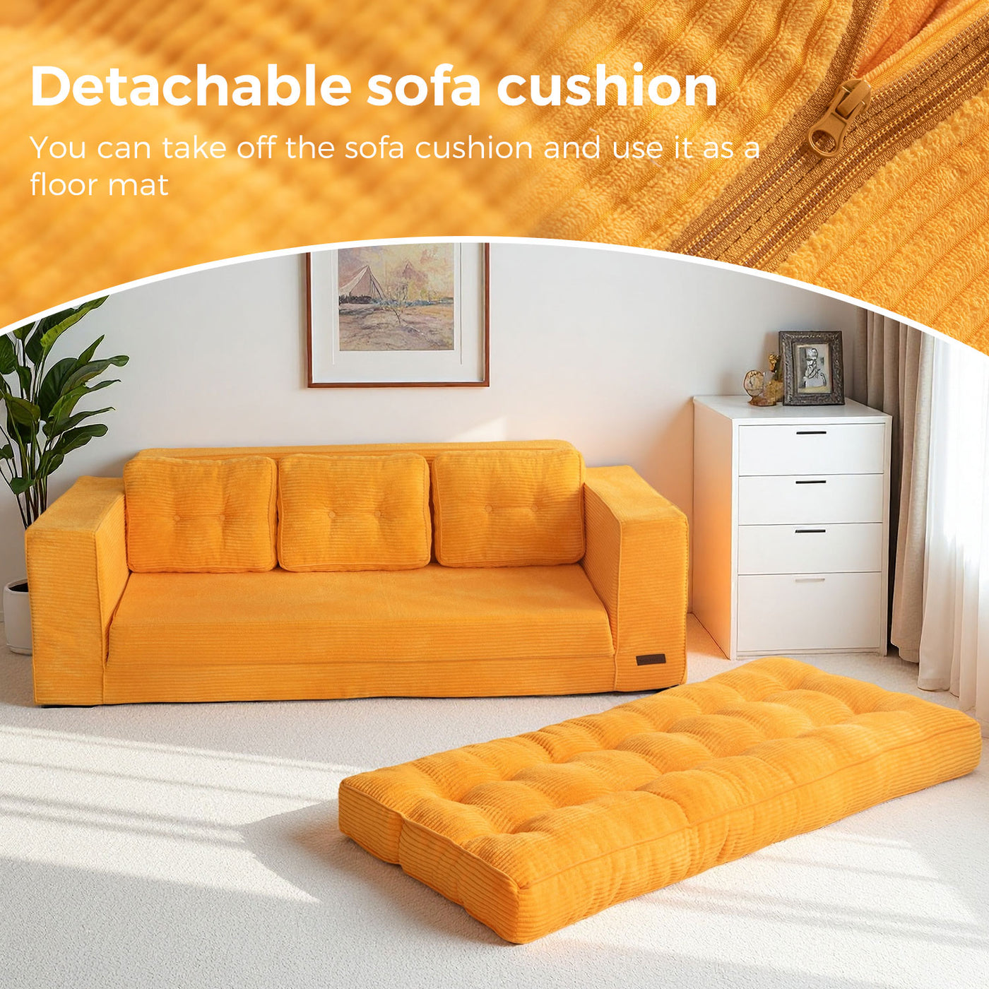 MAXYOYO 3-Seater Convertible Sofa Bed – Corded 2-in-1 Pull-Out Floor Couch with Pillows for Living Room, No Assembly