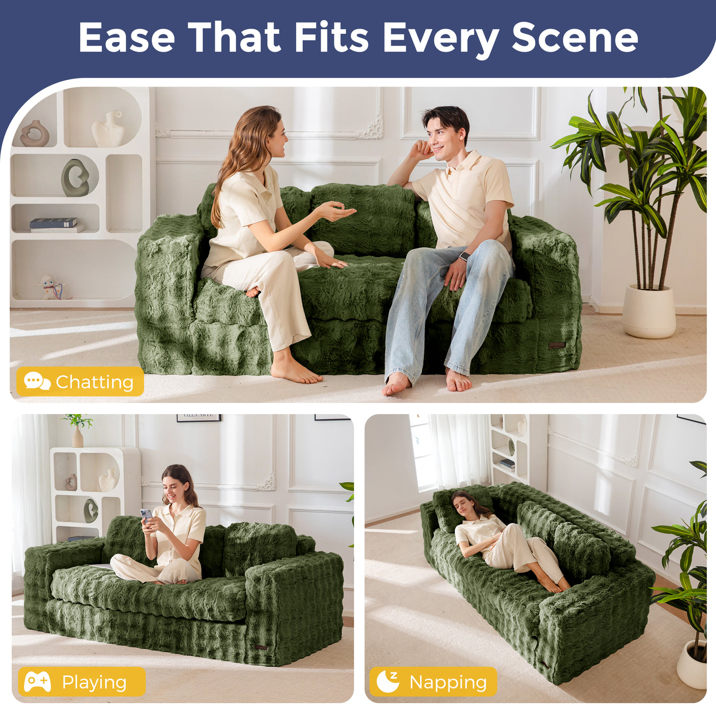MAXYOYO 3 Seater Sofa for Living Room, Tufted Boneless Couch Bubbled Sofa Couch, Comfy Bean Bag Chair for Bedroom Apartment, No Assembly Needed
