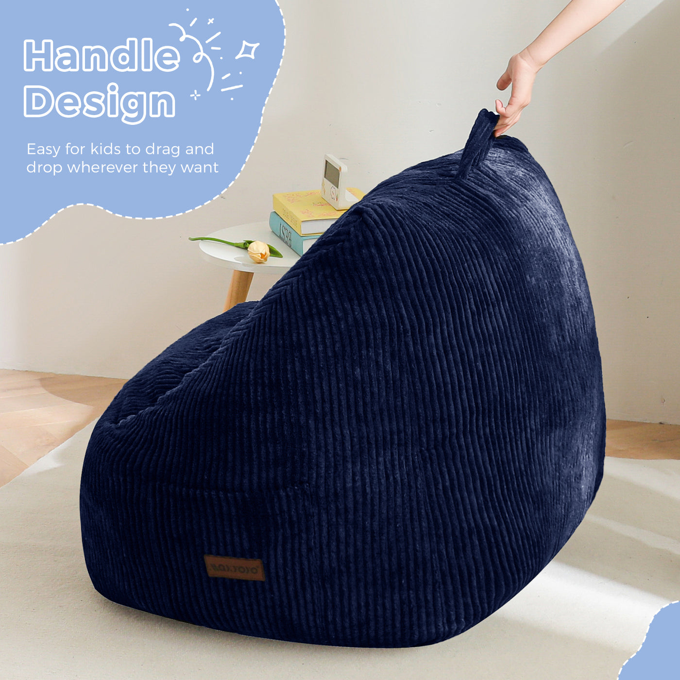 MAXYOYO Kids Bean Bag Chair, Bean Bag Couch with Handle, Comfy Toddler Chair for Boys and Girls, Accent Sofa with Pocket for Gaming Reading Relaxing, Navy