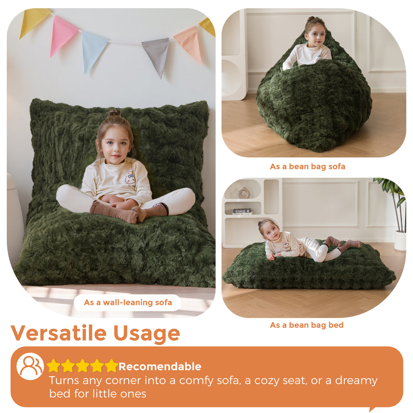 MAXYOYO 3 in 1 Kids Bean Bag Chair Bed, Child Floor Sofa for Gaming, Reading, Faux Fur Floor Mattress with High-Density Foam Filling for Living Room Bedroom