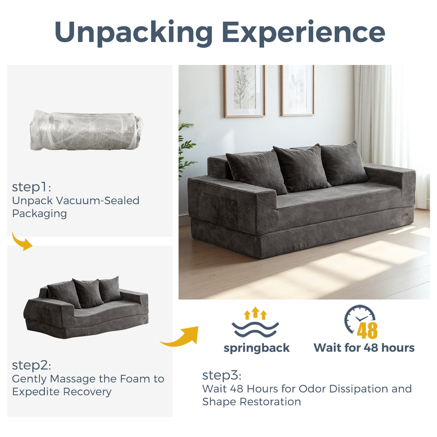 MAXYOYO 3-Seater Floor Sofa Bed – Corded 4-in-1 Reclining Couch with Cup Holders & Pillows, Dark Grey