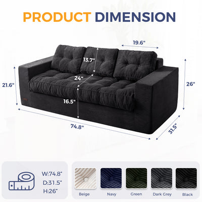 MAXYOYO 3 Seater Couch for Living Room, Boneless Couch with Tufted Cushion & Backrest, Upholstered Floor Sofa with Armrests, Sofa in A Box, No Assembly Required