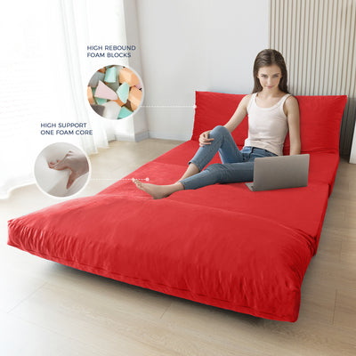 MAXYOYO Bean Bag Folding Sofa Bed, Velvet Floor Sofa with Washable Cover for Adults, Red