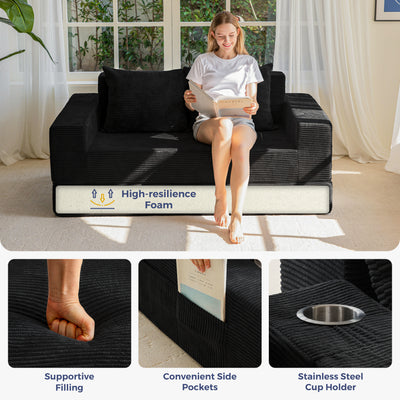 MAXYOYO Loveseat Sofa Bed, 4 in 1 Foldable Floor Sofa Couch in A Box with 2 Cup Holders, Convertible Boneless Couch Folding Recliner Sleeper Chair for Living Room, No Assembly Required