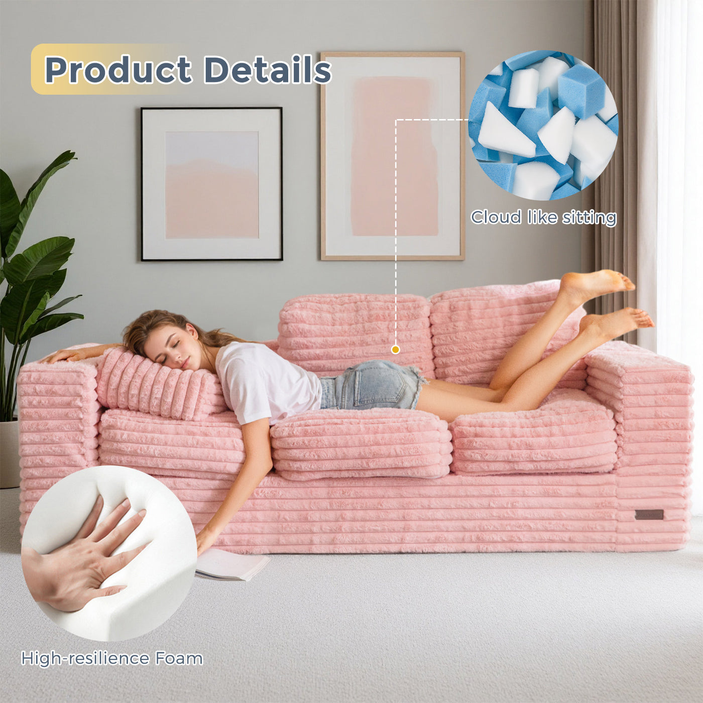 MAXYOYO 3-Seater Faux Fur Sofa – Fluffy Boneless Couch with Pillows in a Box, Faux Fur Lounge, No Assembly