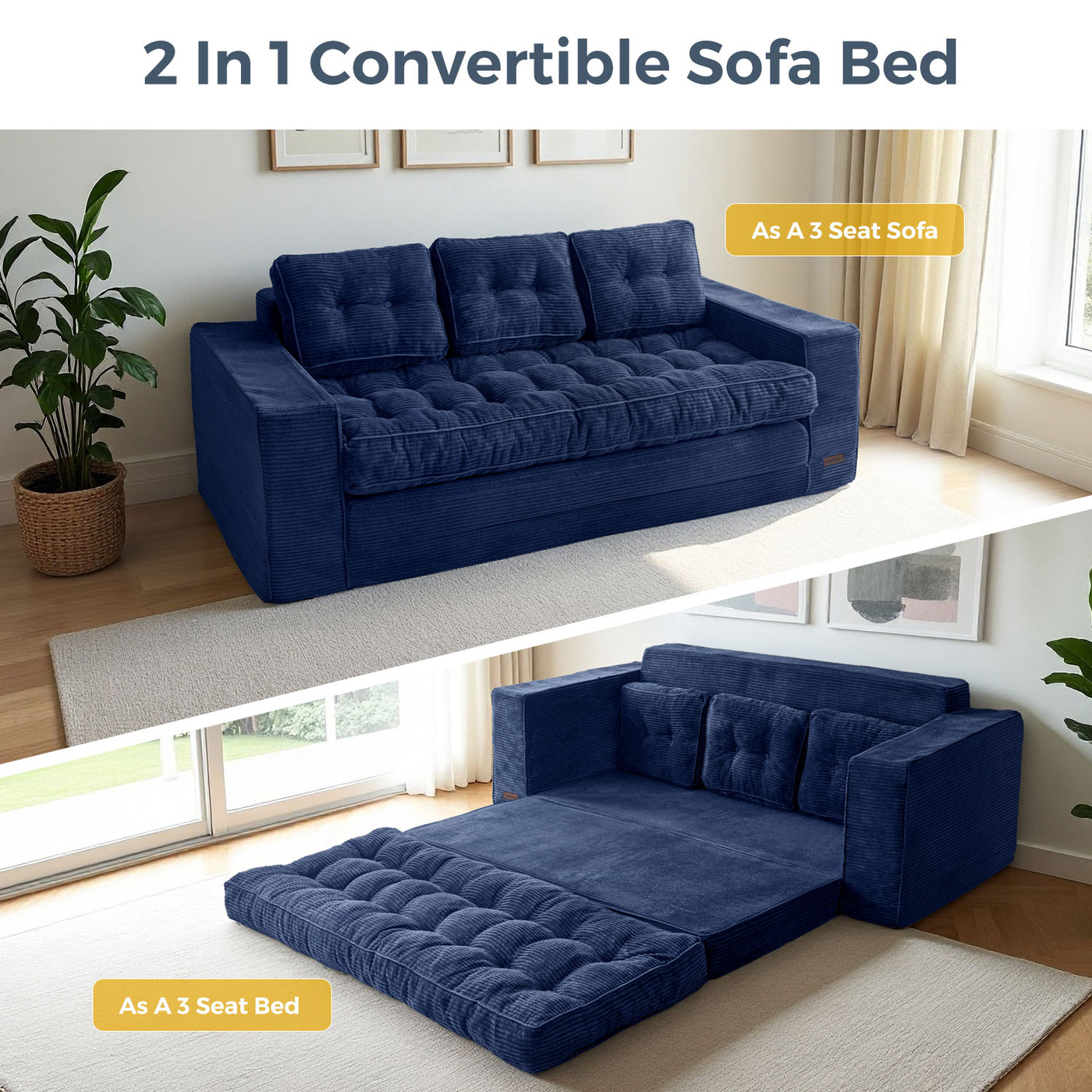 MAXYOYO 3-Seater Convertible Sofa Bed – Corded 2-in-1 Pull-Out Floor Couch with Pillows for Living Room, No Assembly