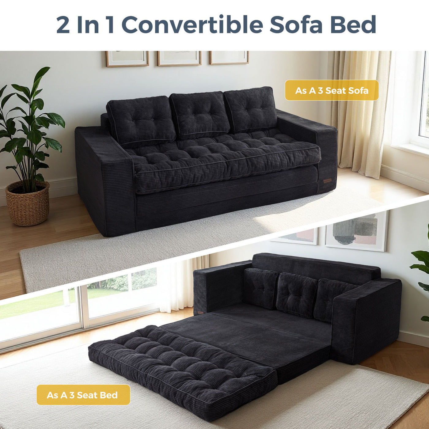 MAXYOYO 3-Seater Convertible Sofa Bed – Corded 2-in-1 Pull-Out Floor Couch with Pillows for Living Room, No Assembly