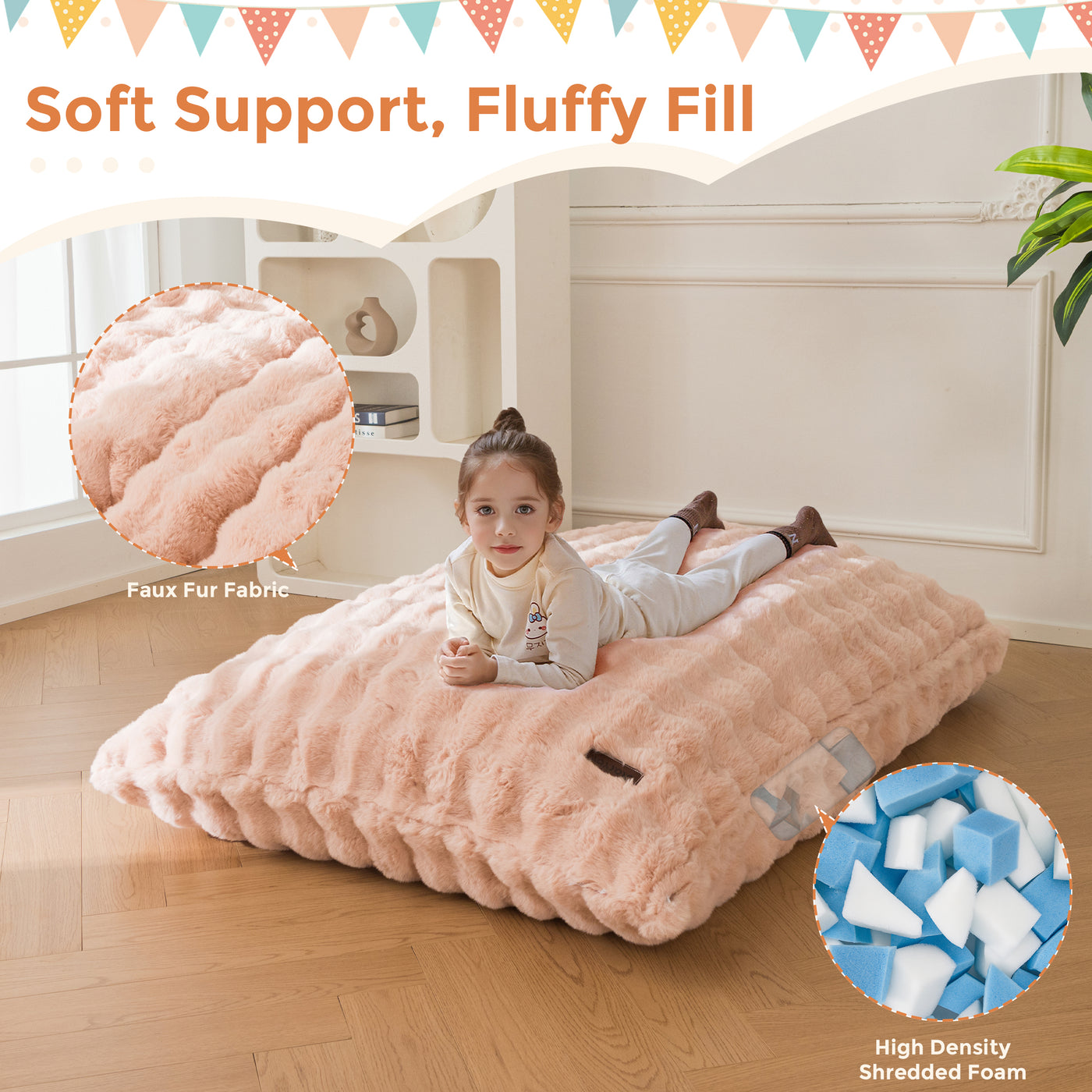 MAXYOYO 3 in 1 Kids Bean Bag Chair Bed, Child Floor Sofa for Gaming, Reading, Faux Fur Floor Mattress with High-Density Foam Filling for Living Room Bedroom