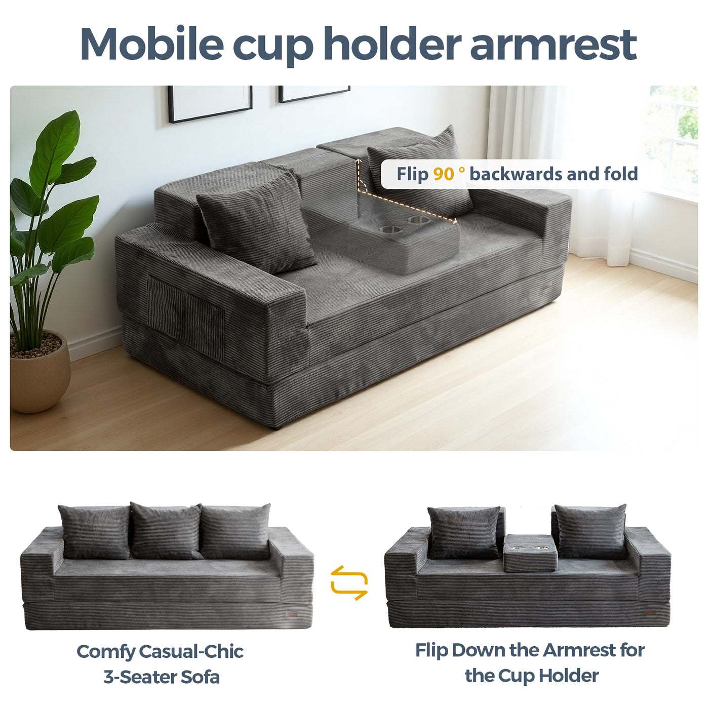 MAXYOYO 3-Seater Floor Sofa Bed – Corded 4-in-1 Reclining Couch with Cup Holders & Pillows, Dark Grey