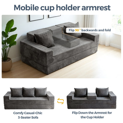 MAXYOYO 3-Seater Floor Sofa Bed – Corded 4-in-1 Reclining Couch with Cup Holders & Pillows, Dark Grey