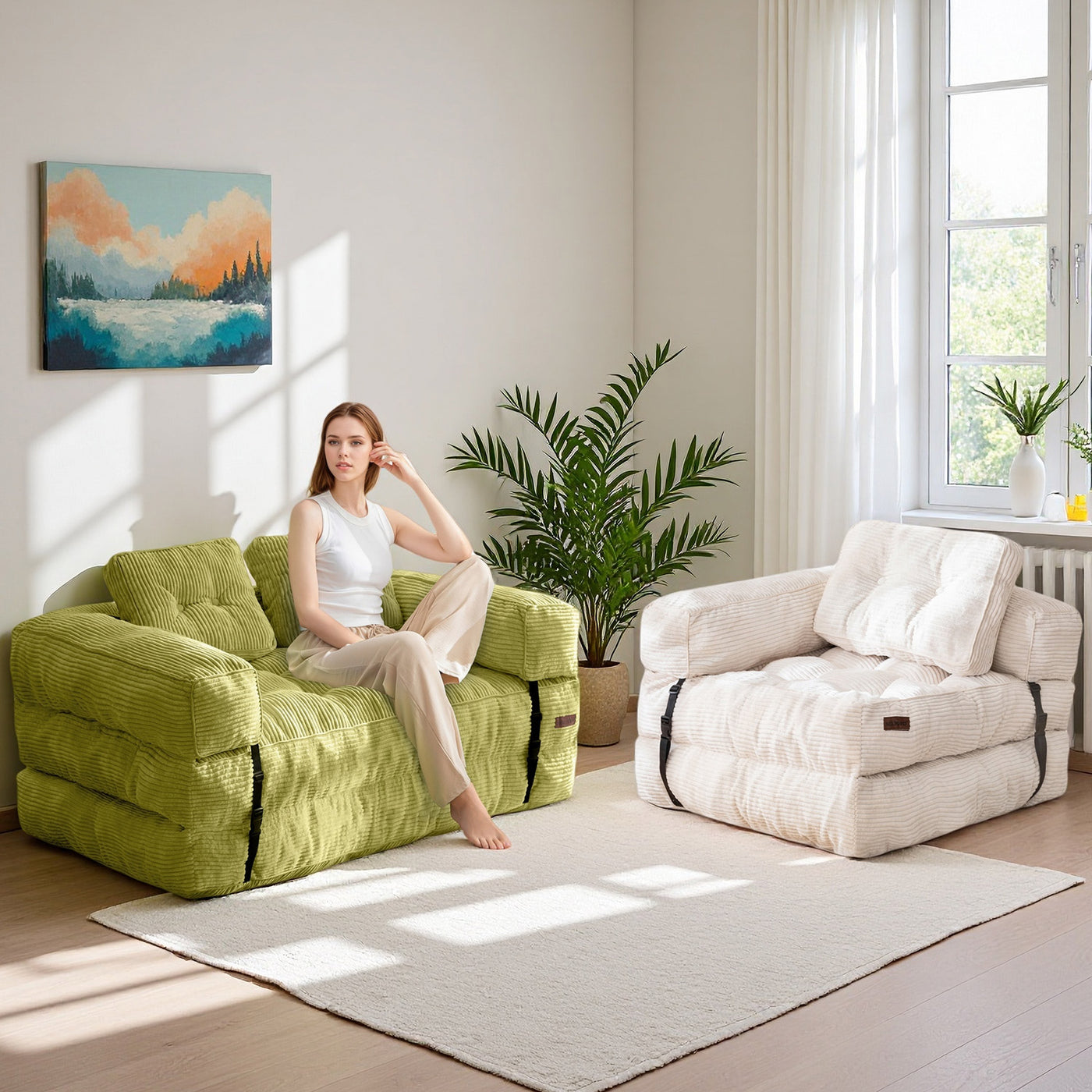 MAXYOYO Folding Sofa Bed with Armrest – 2-Seat Foldable Couch, Green