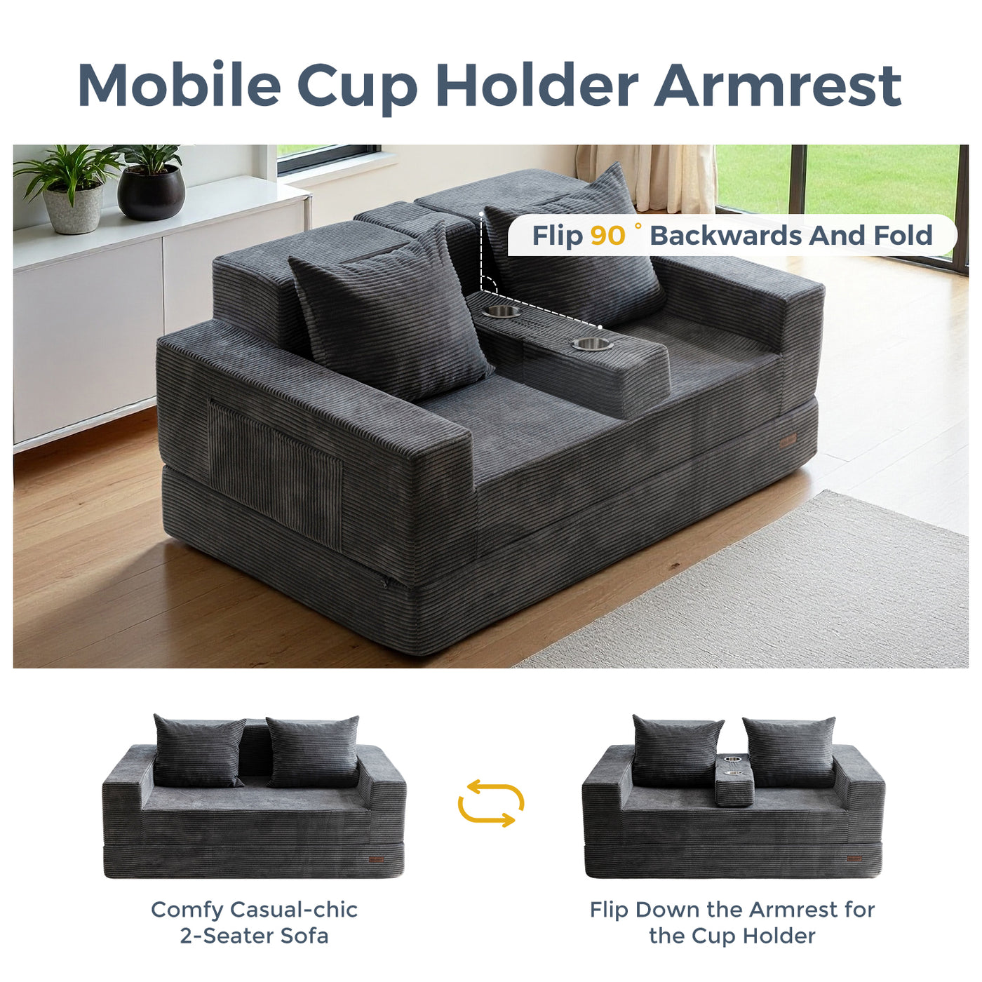 MAXYOYO Loveseat Floor Sofa Bed – Corded 4-in-1 Reclining Couch with Cup Holders & Pillows, Dark Grey
