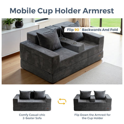 MAXYOYO Loveseat Floor Sofa Bed – Corded 4-in-1 Reclining Couch with Cup Holders & Pillows, Dark Grey