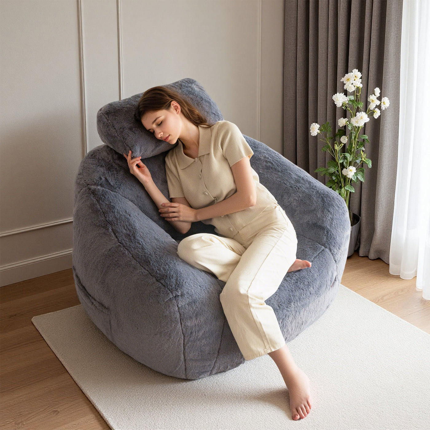 MAXYOYO Giant Bean Bag Chair with Pillow - Faux Fur Ergonomic Bean Bag Chair Couch (Zippered Link Pillow), Dark Grey