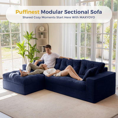 MAXYOYO L Shaped Sectional Sofa with Ottoman, Cloud Boneless Couch with Layered Cushion, Upholstered Modular Sofa with Tufting, Flexible Module Combination for Living Room, No Assembly Required, Navy