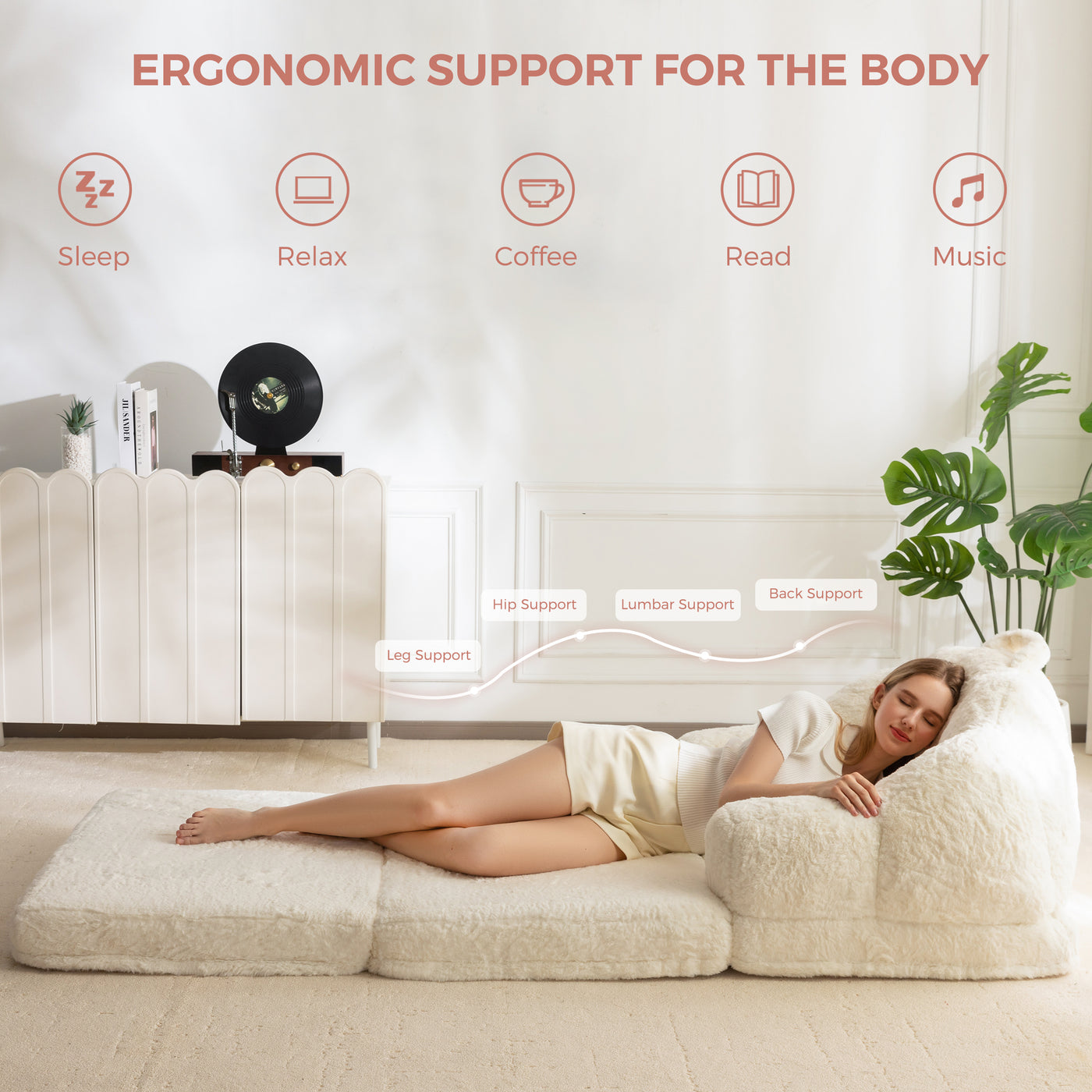 MAXYOYO Folding Sofa Bed, 2 in 1 Convertible Sofa to Lounger Comfy Single Bean Bag Chair for Adults, Floor Sleeper Couch with Handle, Faux Fur Couch Bed for Living Room Bedroom, Beige