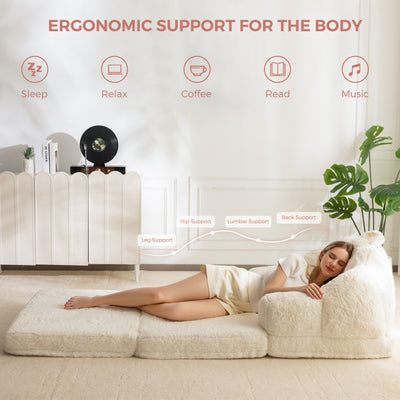 MAXYOYO Folding Sofa Bed, 2 in 1 Convertible Sofa to Lounger Comfy Single Bean Bag Chair for Adults, Floor Sleeper Couch with Handle, Faux Fur Couch Bed for Living Room Bedroom, Beige