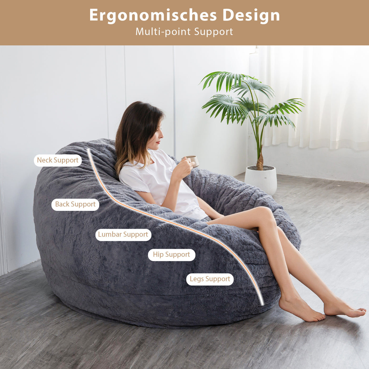 MAXYOYO Giant Fur Bean Bag Chair - Round Fluffy Bean Bag for Adult, Dark Grey